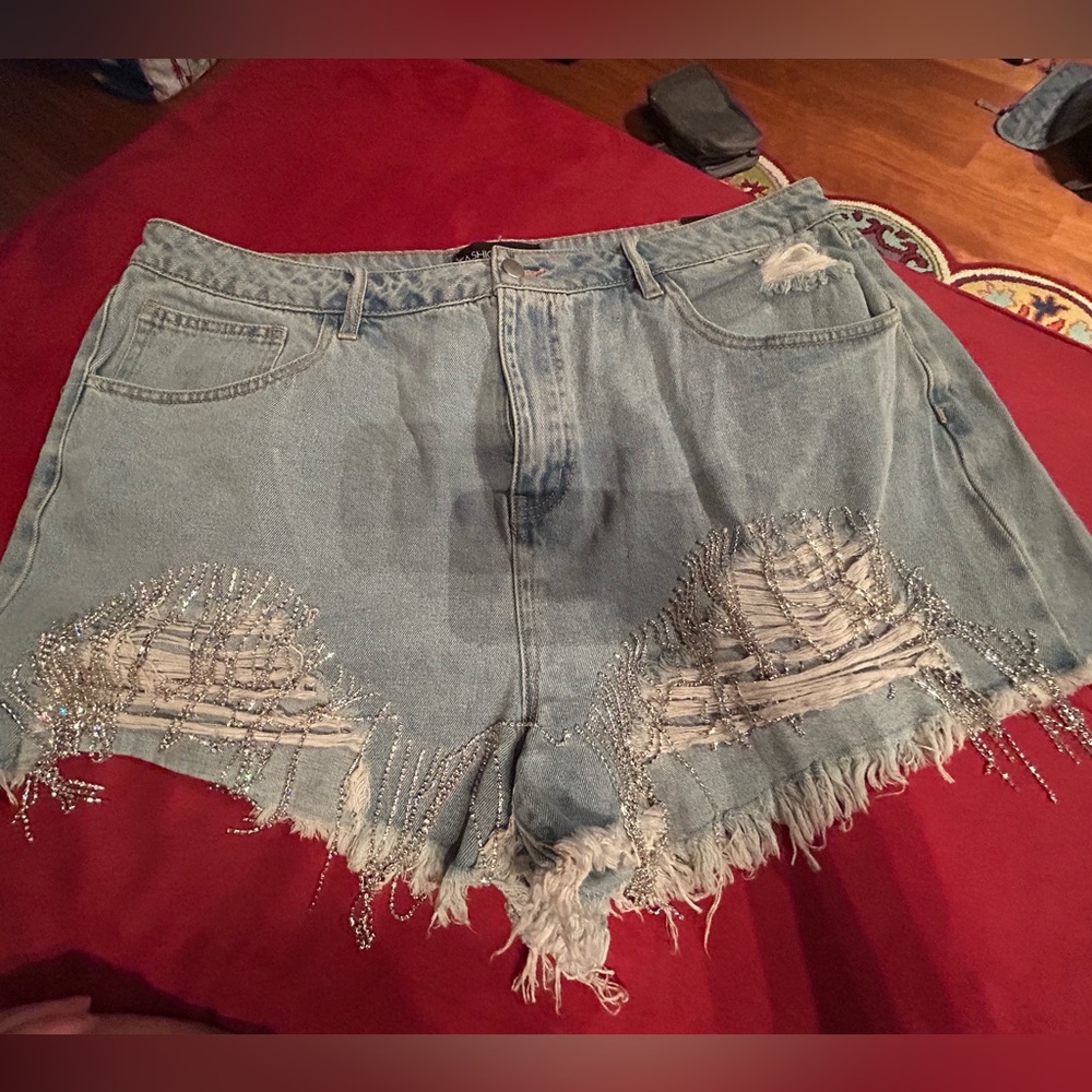 Fashion Nova Light Blue Distressed Denim Jean Shorts with Rhinestones